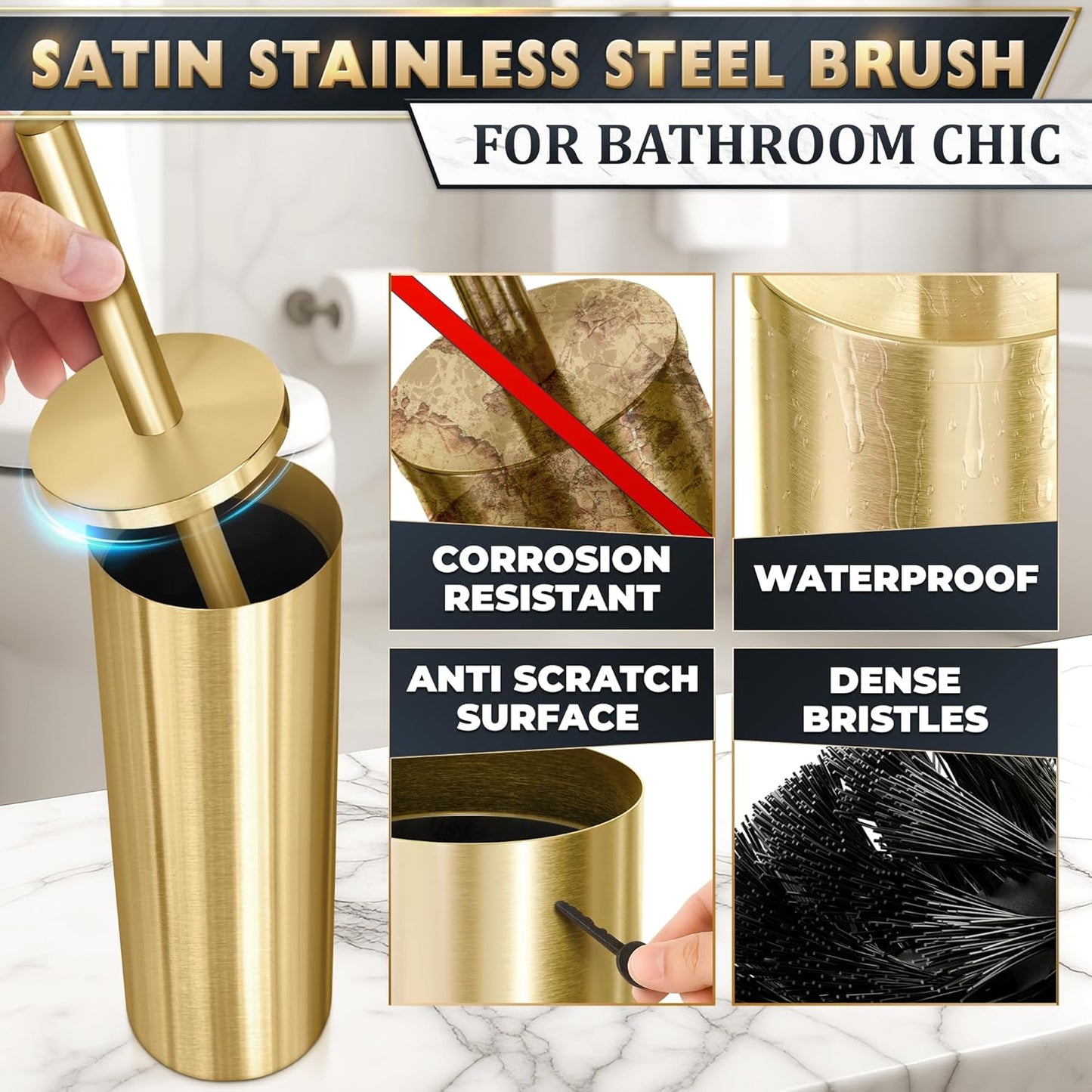 Gold Toilet Brush and Holder Set - Brushed Stainless Steel Gold Toilet Bowl Brush and Holder with Replacable Head, Removable Inner Bowl, and Splash Protection - Dense Bristles for Through Cleaning