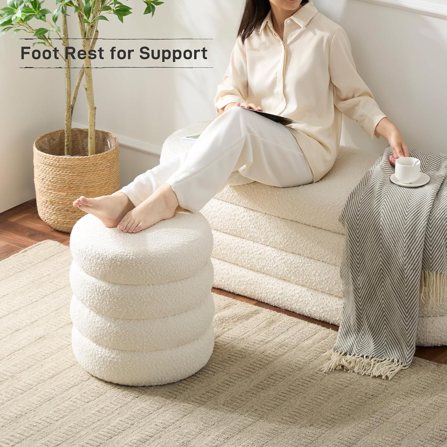 Round Ottoman with Storage Boucle Ottoman Stool with Storage Removable Lid for Living Room Modern Vanity Sorage Stool Foot Rest Bedroom Dorm Gifts Set of 2 (White)