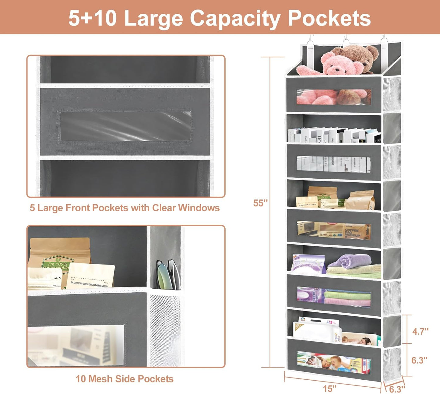 3 Packs 5-Tier Over the Door Storage Organizer with 10 Side Mesh Pockets, 48 lbs Load Capacity, 3 Hooks Design, Hanging Organizer with Clear Windows for Bathroom, Bedroom, Nursery, Kitchen-Grey