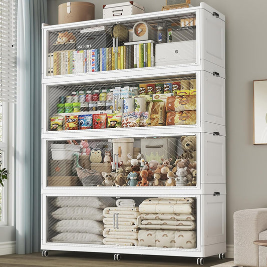 320 Gallon Extra Large Collapsible Storage Bin with Lid, 1280QT Stackable Plastic Organizer with 6x Wheels, Foldable Drawer Cabinet for Closet, Living Room Office Dorm 4Pack, White