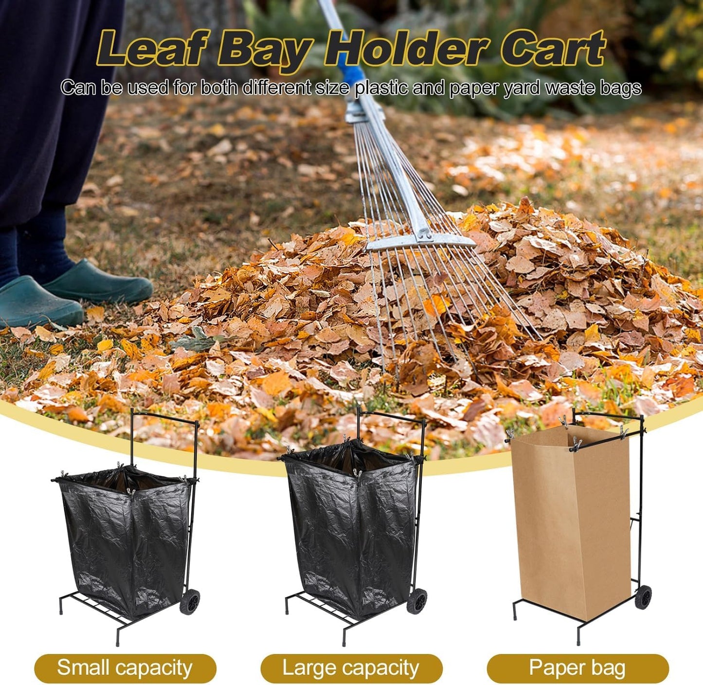 Heavy Duty Portable Trash Bag Holder with Wheel, Adjustable 30-45 Gallon Outdoor Leaf Bag Stand, Durable Trash Bag Rack, for Yard, Lawn Cleanup, Gardening, Camping & Parties