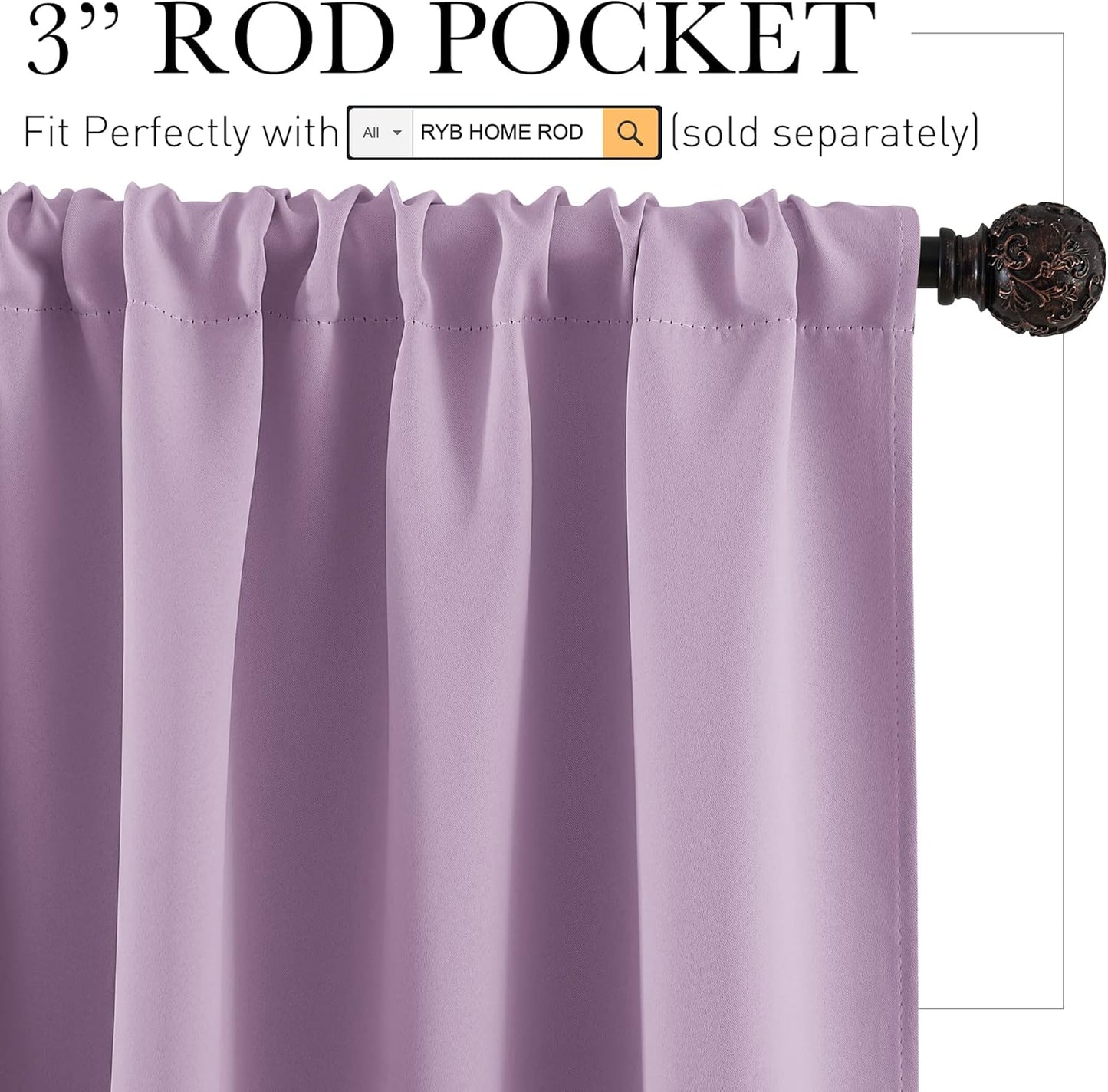 RYB HOME Small Kitchen Curtains, Room Darkening Drapes Energy Efficient Half Window Coverings Heavy Duty Solid Decor for Bedroom Bathroom Dining Room, W42 x L36 inches, Lilac, 2 Panels Set