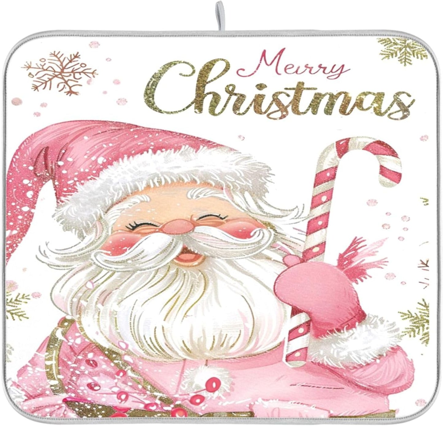 Christmas Santa Claus Pink Dish Drying Mat for Kitchen Countertop 16x18 Xmas Candy Cane Snowflake Small Drying Mat Reusable Quick Dry Dish Sink Mats Easy Clean Decorative Essentials