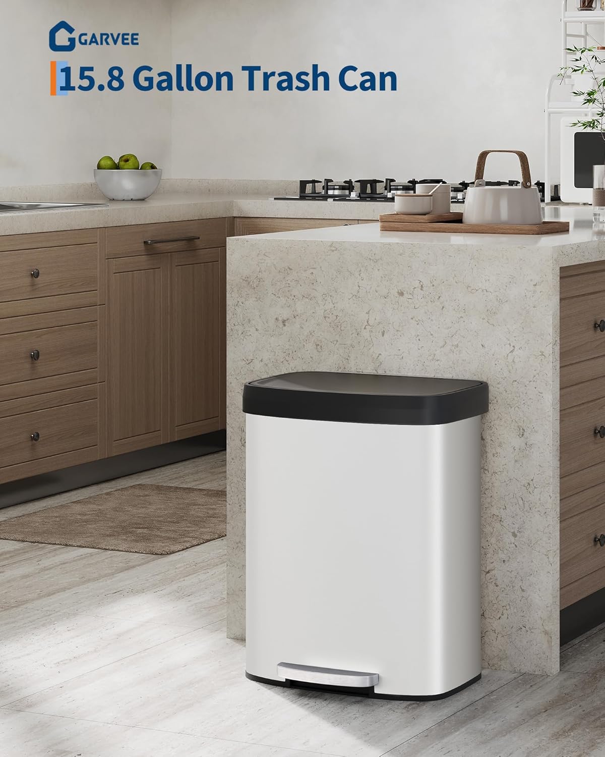 Garvee 16 Gallon / 60 Liter Metal Trash Can with Lid, Large Garbage Can for Kitchen, Rustproof Step-on Kitchen Metal Trash Bin with Liner Rim, Rear Handle, Soft Close Plastic Lid, White