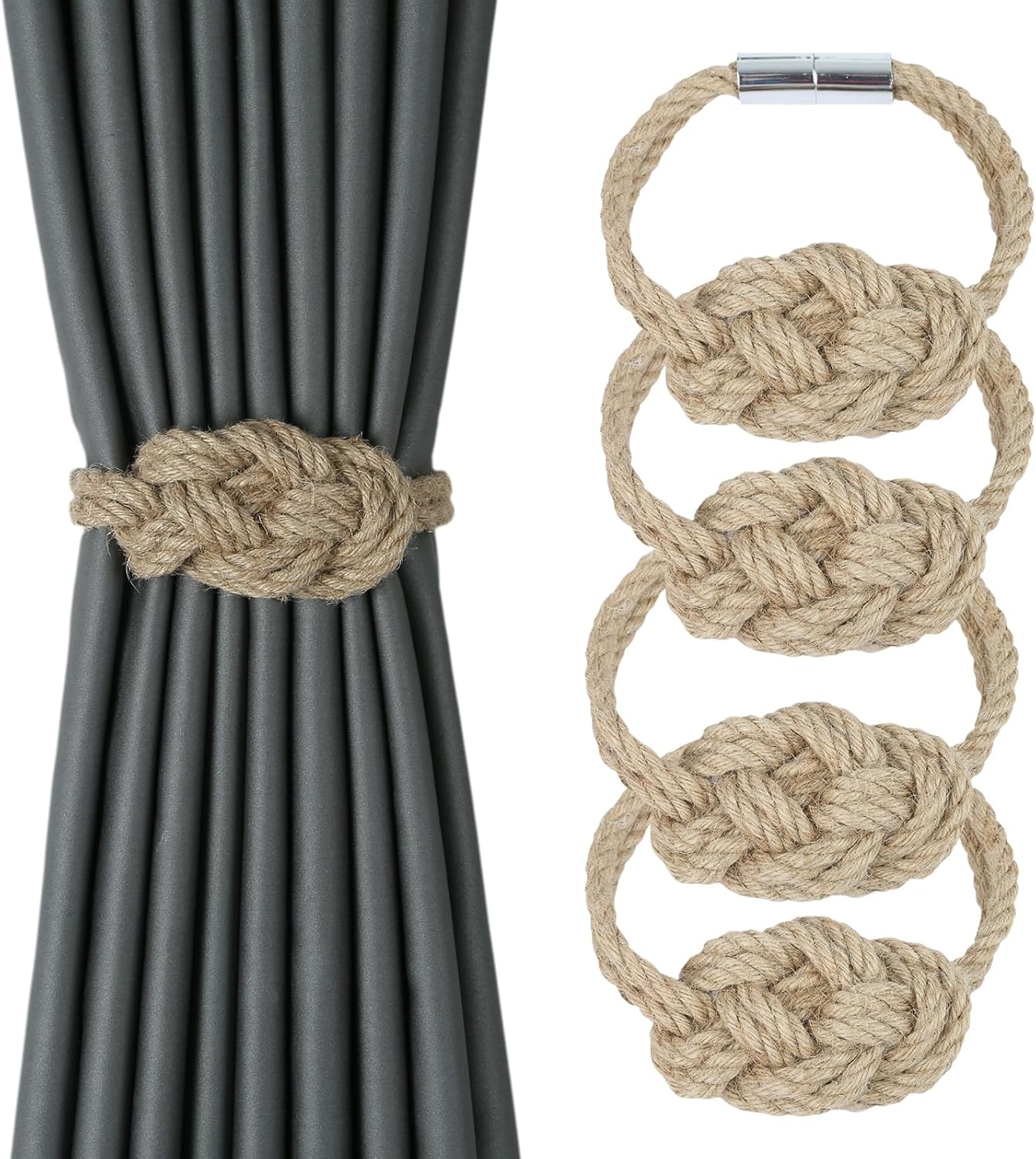 4 Pack Natural Jute Magnetic Curtain Tiebacks, Boho Rustic Style Decorative Curtain Ties Backs for Home & Office Drapery