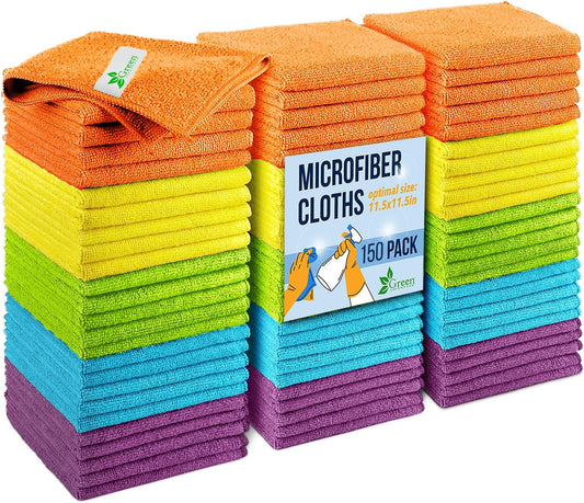GREEN LIFESTYLE Chamois Cloth, Microfiber Cleaning Cloth 150 Pack, Borderless Towels Cleaning, Car Microfiber Towel, Drying Wash Towels (11.5" x 11.5", Multicolor)