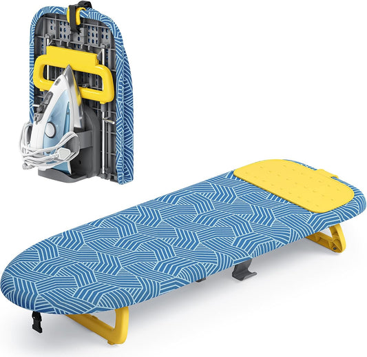 KINGBOARD Tabletop Ironing Board, Small Ironing Board with Iron Holder, Foldable Mini Iron Board, Easy Storage for Travel & Dorm, 12x32 Blue