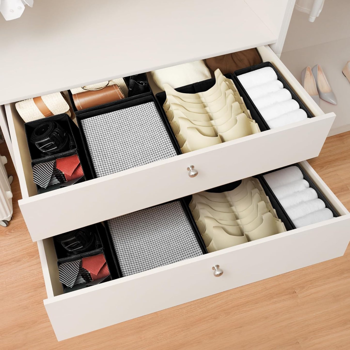 Cupic Cupid Drawer Organizer, Dresser Organizers, Foldabe Drawer Organizer Clothes, Closet Organization and Storage Dividers for Socks, Underwear and Diaper, Set of 6, Black