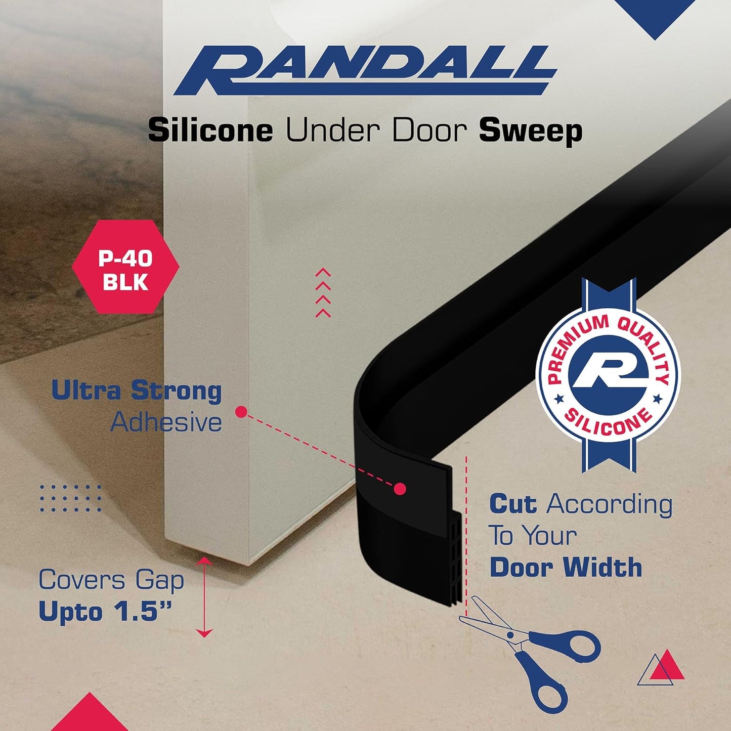 Adhesive Backed Door Draft Stopper – Silicone Under Door Sweep for Interior & Exterior Doors, Noise & Air Insulation, Self Stick Weather Stripping Door Seal, 2" W x 39" L (Black) by Randall Mfg