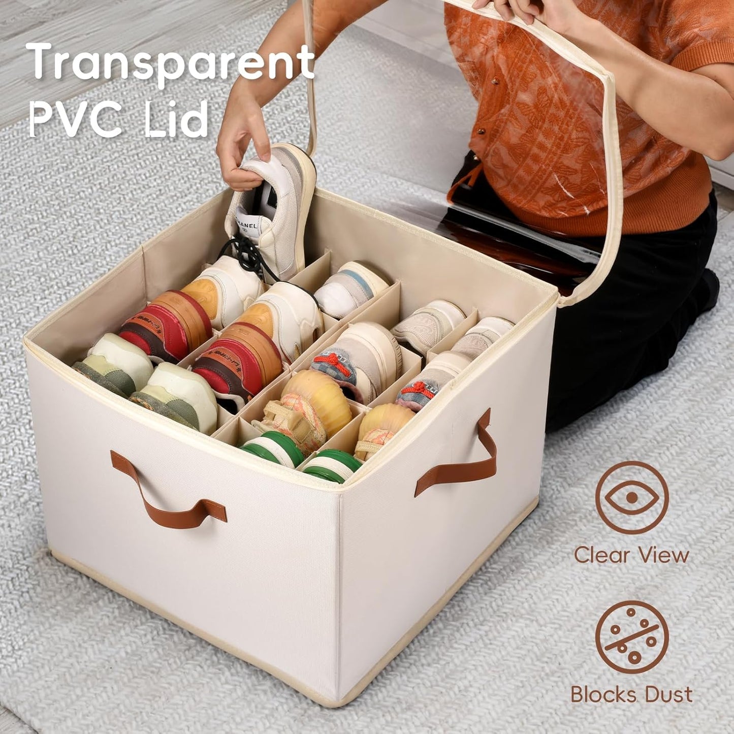 Shoe Organizer for Closet, 3 Pack Shoe Storage Bins with Clear Cover, Adjustable Dividers Fits 24-48 Pairs, Beige
