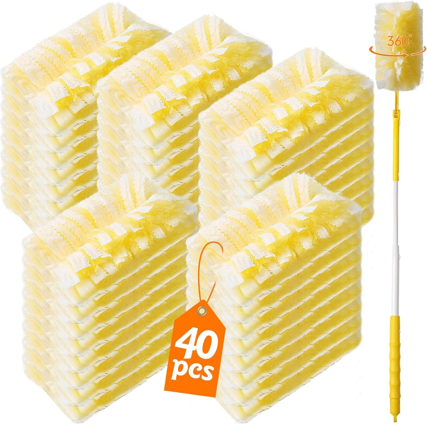 40 Count 360° Heavy Duty Duster Refills Compatible with Swiffer,Large Size-Extra Thick Disposable Electrostatic Feather Duster Refill with 1 Retractable Handle(35-inch Length Fully expanded)