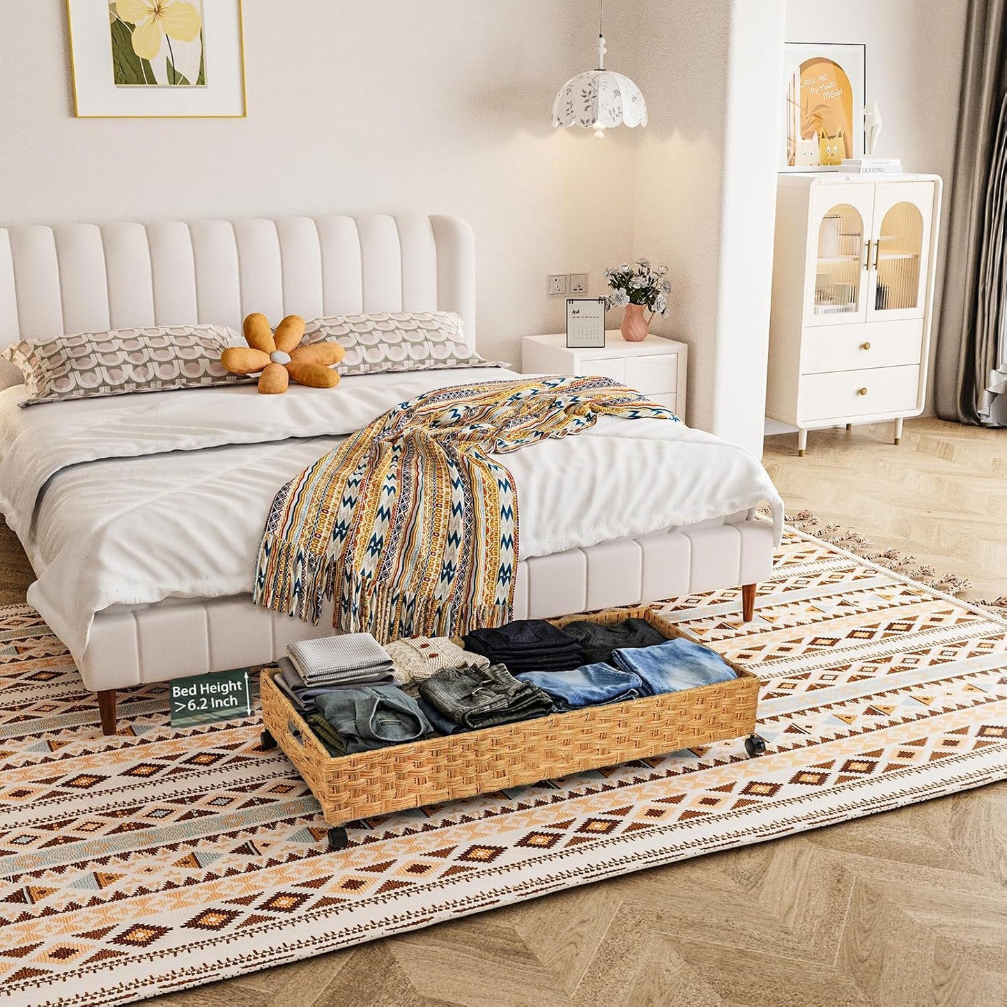 Under Bed Storage Containers with Wheels, 31.5in / 35L Handmade Rattan Underbed Organizer Drawer, Tool-free Assembly Rolling Under Bed Storage Bins for Shoes Clothes Toy Book