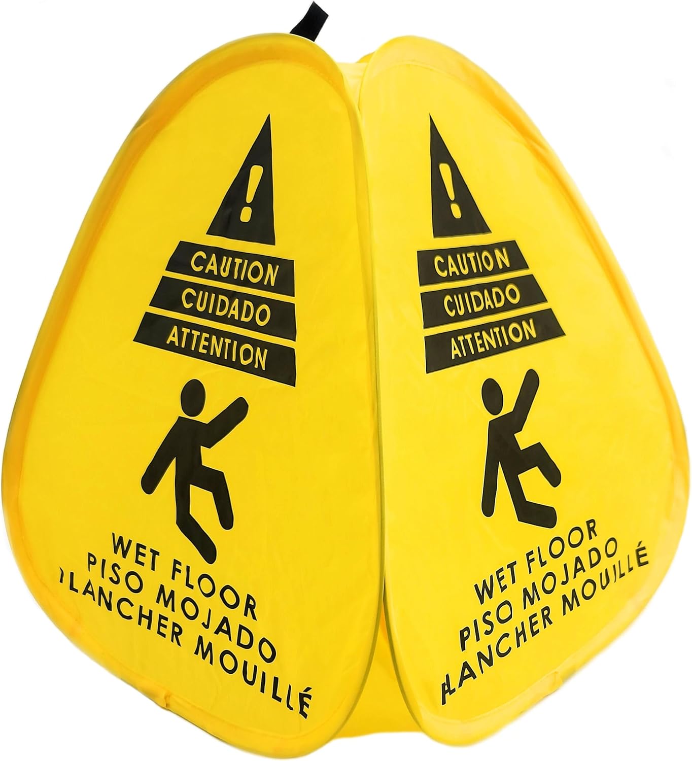 Kraken Sign Co - Pop-up Sign, Yellow 4-Sided Bilingual Trilingual English/Spanish/French Warning, Pop-up Caution Wet Floor Sign 16 inch for Restaurant, Commercial and Industrial Safety. Foldable, Portable, Durable