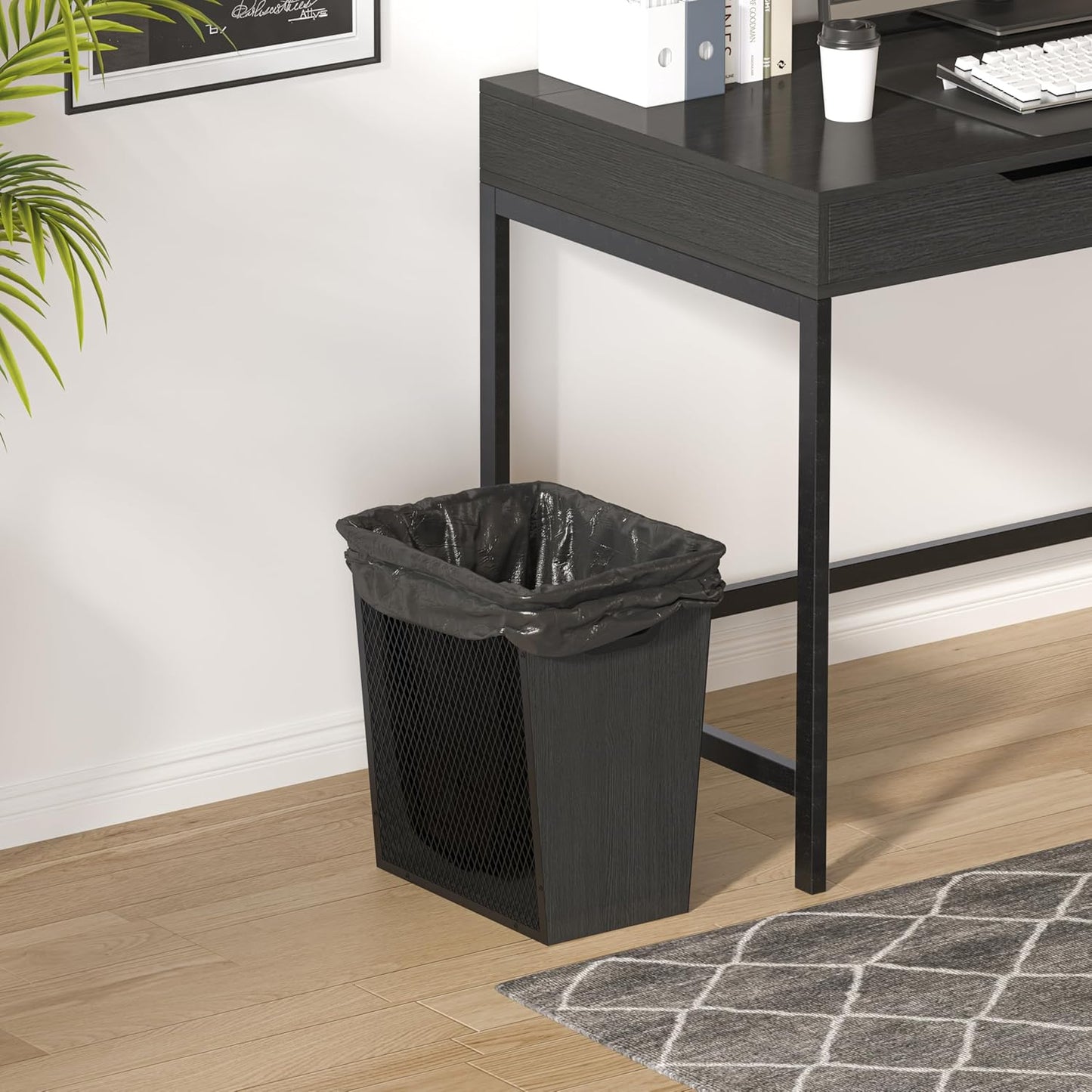 Piskyet Black Office Trash Can for Near Desk,7 Gallon Unique Wood Bedroom Garbage Can,Vintage Wastebasket with Handle, Decorative Trash Can for Home Office,12.2" L x 9.6" W x 14.9" H