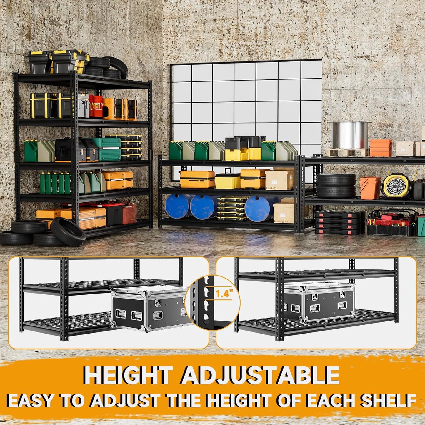 5-Tier 60" W X 24" D X 78" H Garage Shelving Metal Storage Shelves 3300LBS Heavy Duty Industrial Shelving Adjustable Garage Shelf Unit Utility Storage Racks(Black)