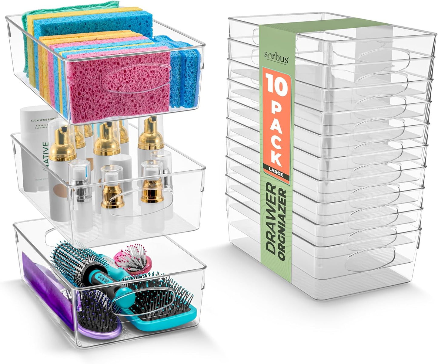 Sorbus Large Clear Plastic Storage Bins, 10 Pack Clear Organizer Bins with Handles, Plastic Storage Bins for Closet, Pantry, Fridge, Medicine Cabinet Organizer, Shelves, Freezer, Drawer