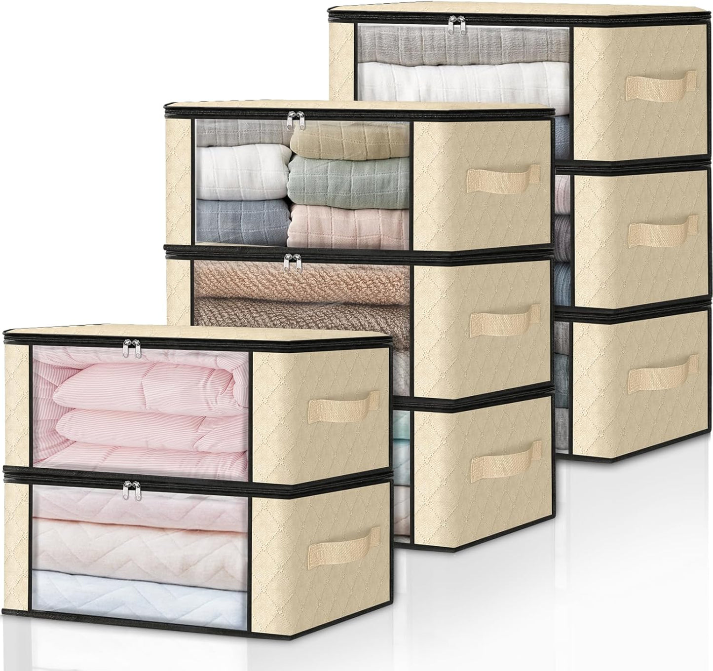 HomeHacks Storage 8-Pack Clothes Organizer Storage Bags Foldable Storage Box with Large Clear Window Sturdy Handles for Closet, Dorm, Pillows, Bedding, Clothes, Blankets, 35L, Beige