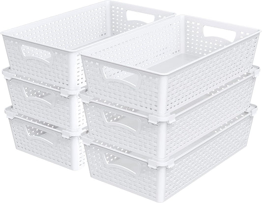 Simple Houseware Plastic Stackable Storage Basket Pantry Organizer, 6 Pack, 14.5" x 8.5" x 3.5", White