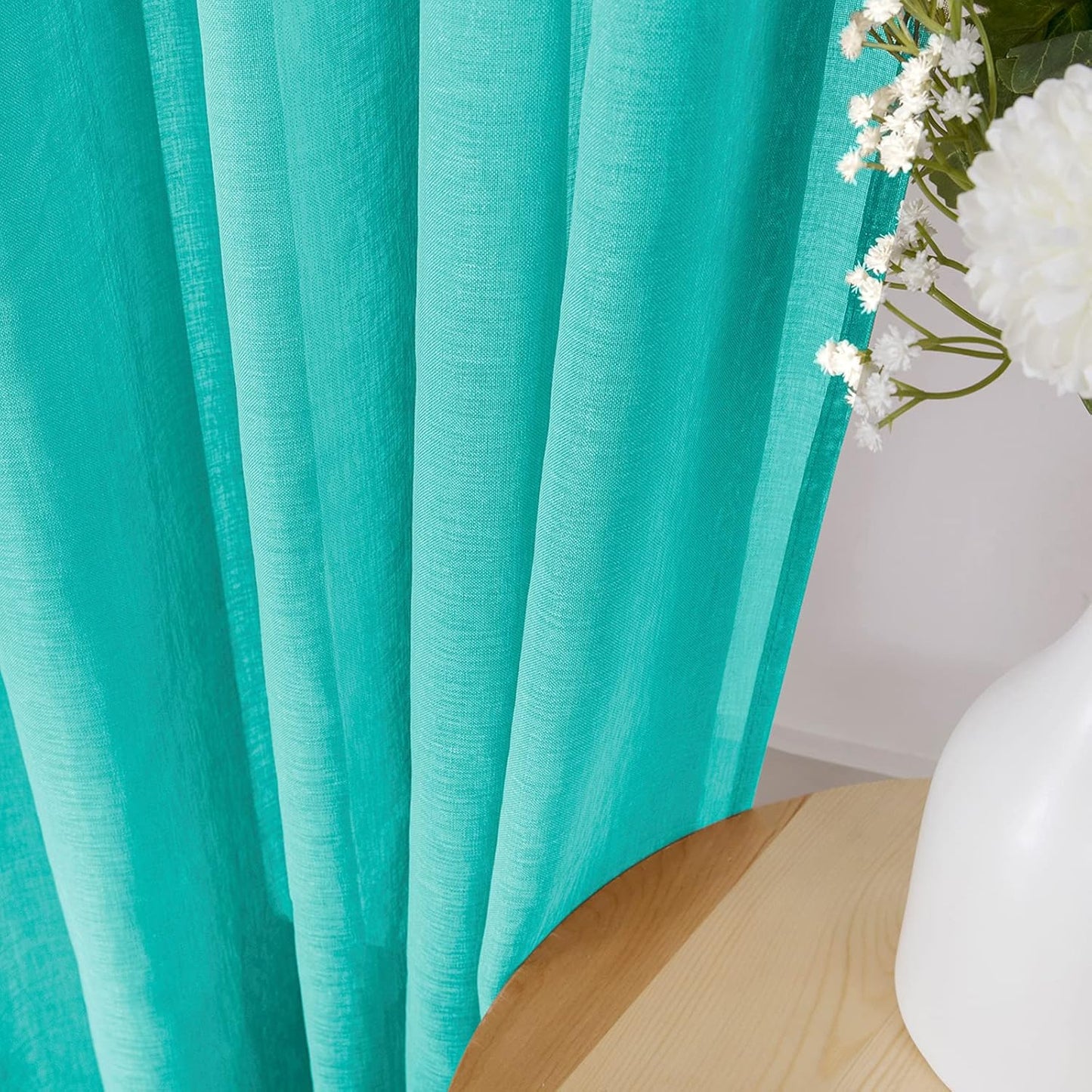 Tollpiz Short Sheer Curtains Linen Textured Bedroom Curtain Sheers Light Filtering Rod Pocket Voile Curtains for Living Room, 54 x 45 inches Long, Aqua Blue, Set of 2 Panels