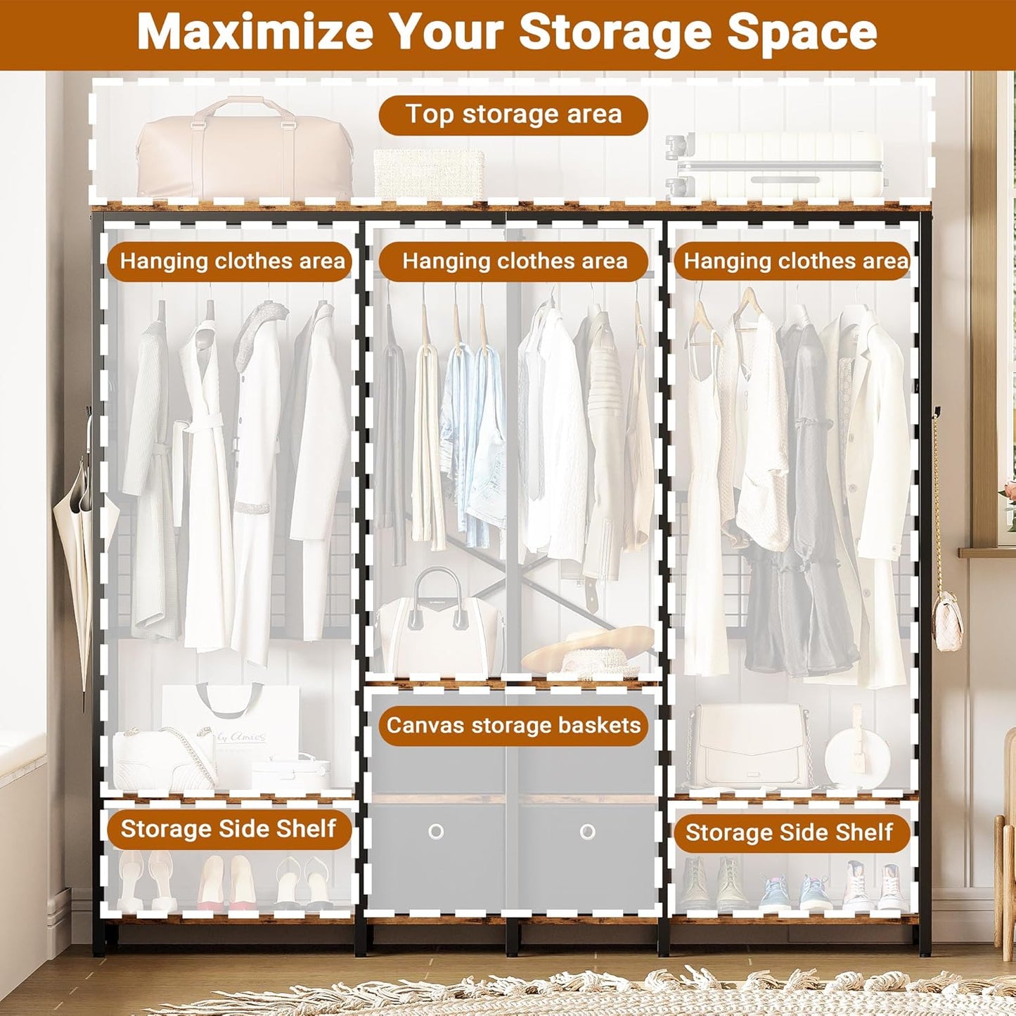 IRONCK Garment Racks with Shelves 4 Drawers and 8 Hooks Heavy Duty Closet Organizer for Hanging Clothes, Freestanding Closet Wardrobe Rack, Vintage Brown