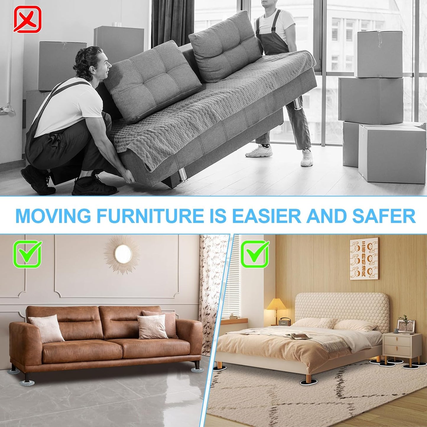 New Upgrade Furniture Movers Sliders, 8+8 Pack 5.8 * 4.3" Multi-Surface Furniture Sliders with Groove Design, Oval 8PCS Moving Pads and 8 Hardwood Socks, Protect Floor and Easily Move Furniture