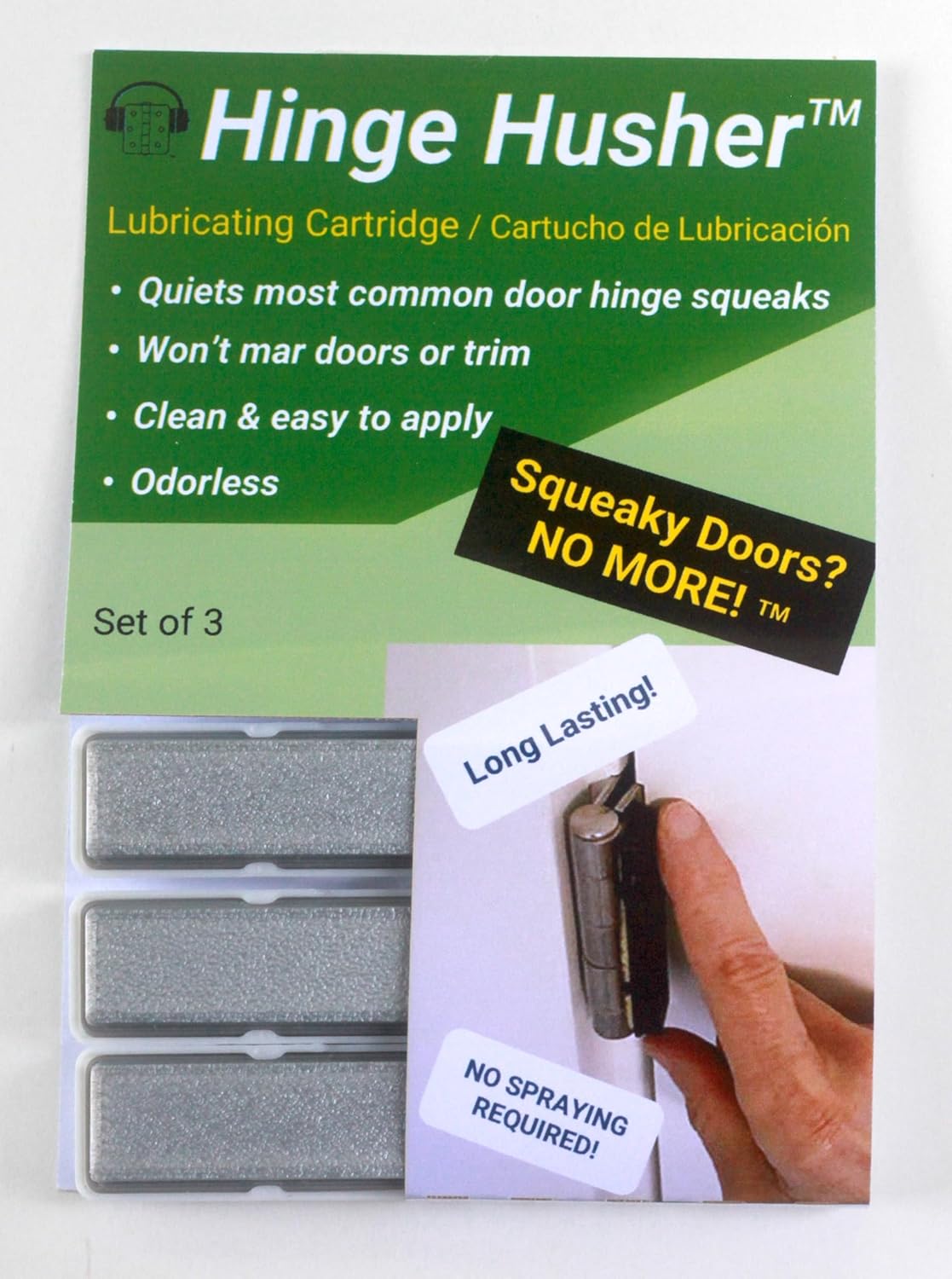 The First-of-Its-Kind Lubricant Cartridge for Squeaky Door Hinges. Mess-Free, Odorless, Sprayless & Prelubricated. Hinge Husher™ Lubricant Cartridges (3 Pack - Silver)