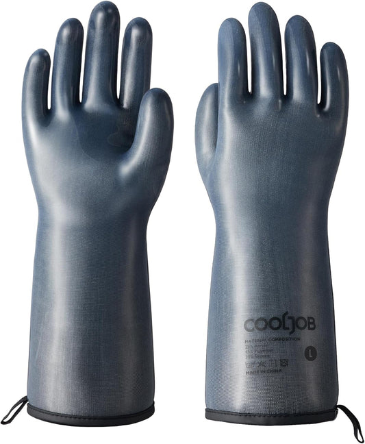 COOLJOB Heat Resistant Oven Gloves, Waterproof Liquid Silicone BBQ Grilling Gloves for Barbecue, Kitchen Cleaning, Baking, Food Contact, Black, Large