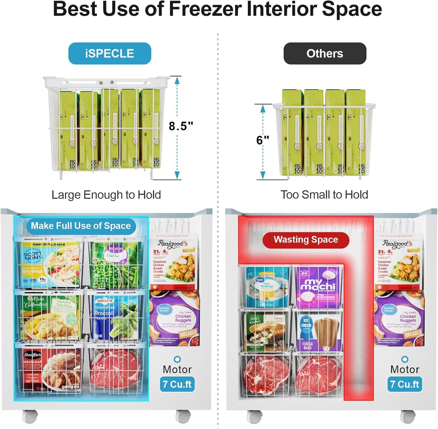 iSPECLE Freezer Organizer Bins - 5 Pack Adjustable & Extra Large Chest Freezer Organizer Bins for 5 to 9 Cu.Ft Deep Freezer, Easy Organize Basket Store More, Stackable No Wasted Space, White