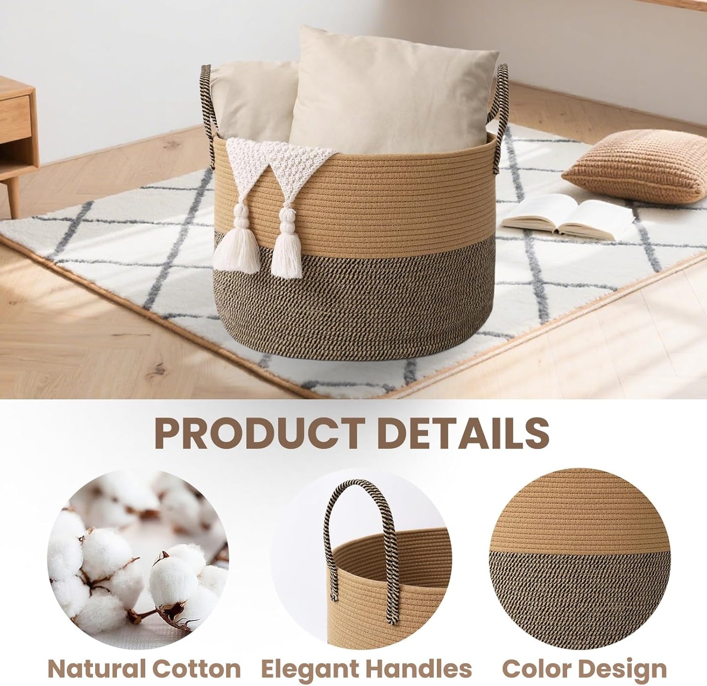 Woven Blanket Basket,115L Large Rope Storage Bin with Handles, Organizer for Blankets Toys Book and Clothes, Laundry Basket for Living Room Bedroom Nursery,Jute&Black