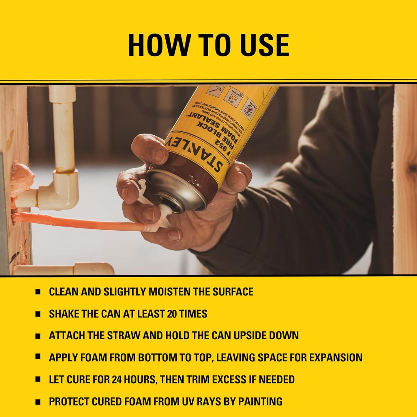 Stanley F952 Fire Block Spray Foam – (12x12oz) Fire Rated Expanding Polyurethane Foam Sealant for Gap Filling & Sealing on Doors, Windows, Walls, Pipes & Joints – Indoor/Outdoor Straw Use | 12 Pack