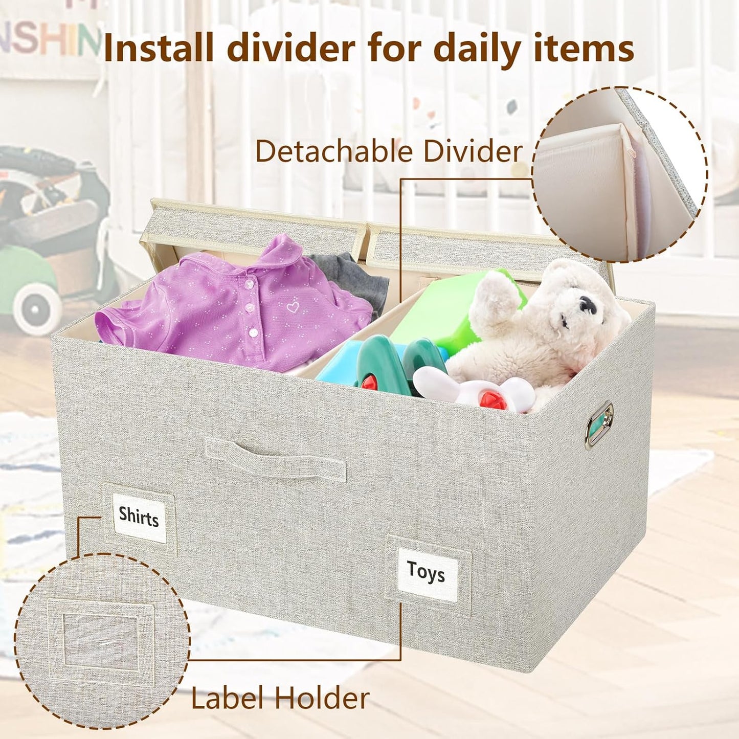 75 Quart Extra Large Decorative Collapsible Storage Bins with Lids, 1 Pack Beige Stackable Boxes