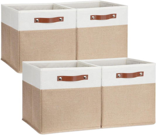 DULLEMELO Cube Storage Bins,12 x 12 x 12 inch Fabric Storage Cubes for Organizing,Collapsible foldable Linen Canvas Closet Storage Bins for Shelves Closet Bedroom Toys Home Office(White&Khaki-4 Pack)