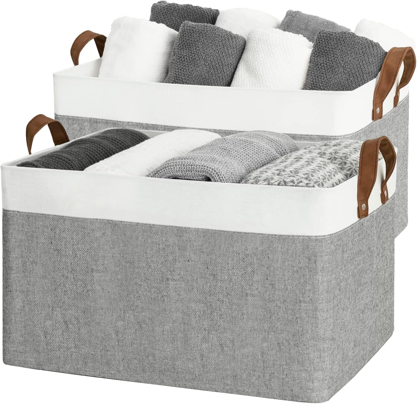 StorageWorks 45L Large Storage Bins for Closet and Shelves, Fabric Organizer Baskets with Metal Frame for Clothes, Towels, Collapsible Storage Basket, Gray and White, 2-Pack