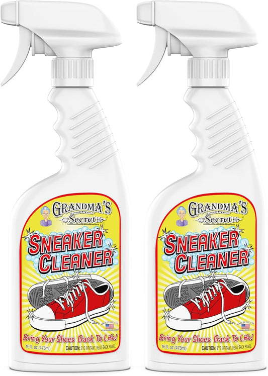Grandma's Secret Sneaker Cleaner for Rubber, Canvas, Leather - Stain Remover Spray Removes Dirt, Grime, Grass - Shoes Cleaner for Outdoor Slippers, Moccasins - 16 oz, 2 Pack