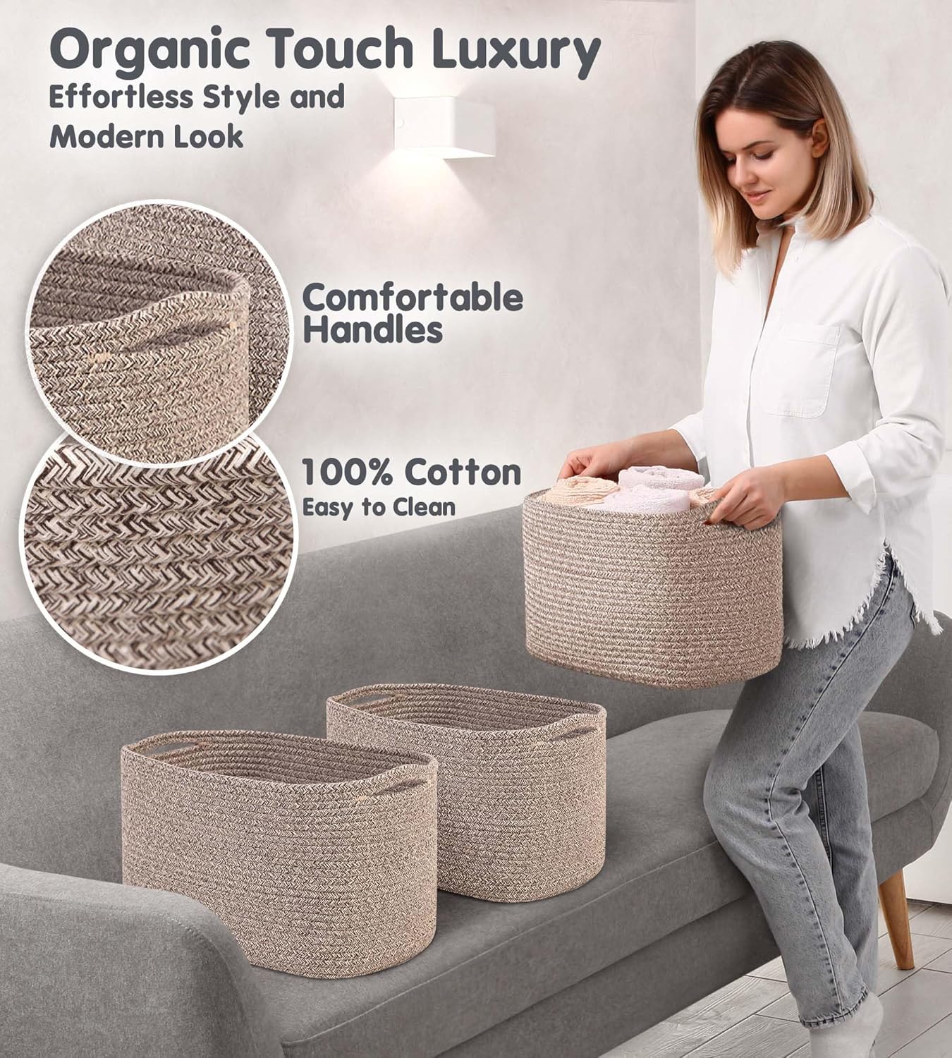 CHAT BLANC Cotton Rope Baskets for Organizing | Storage Baskets for Shelves | Rope Basket for Storage, Small Laundry Baskets, Woven Baskets for Storage, Dog Toy Bin, Baby Basket, Brown 3 Pack