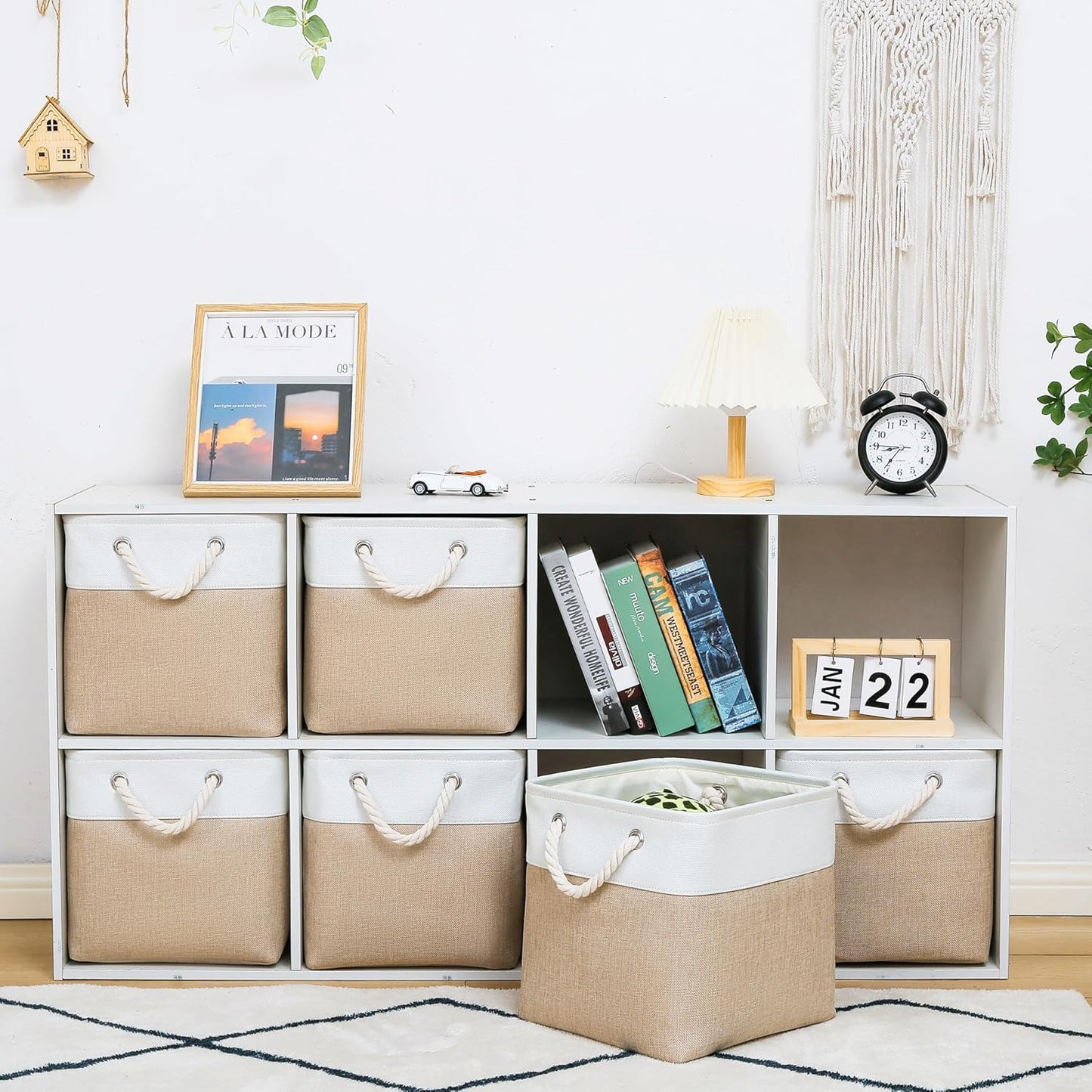 11 x 11 Inch Storage Cubes, 6 Pack Large Collapsible Fabric Storage Bin with Ropes, Foldable Storage Cubes for Home, Office,Closet, Clothes, Toys Organizer (White&Beige)