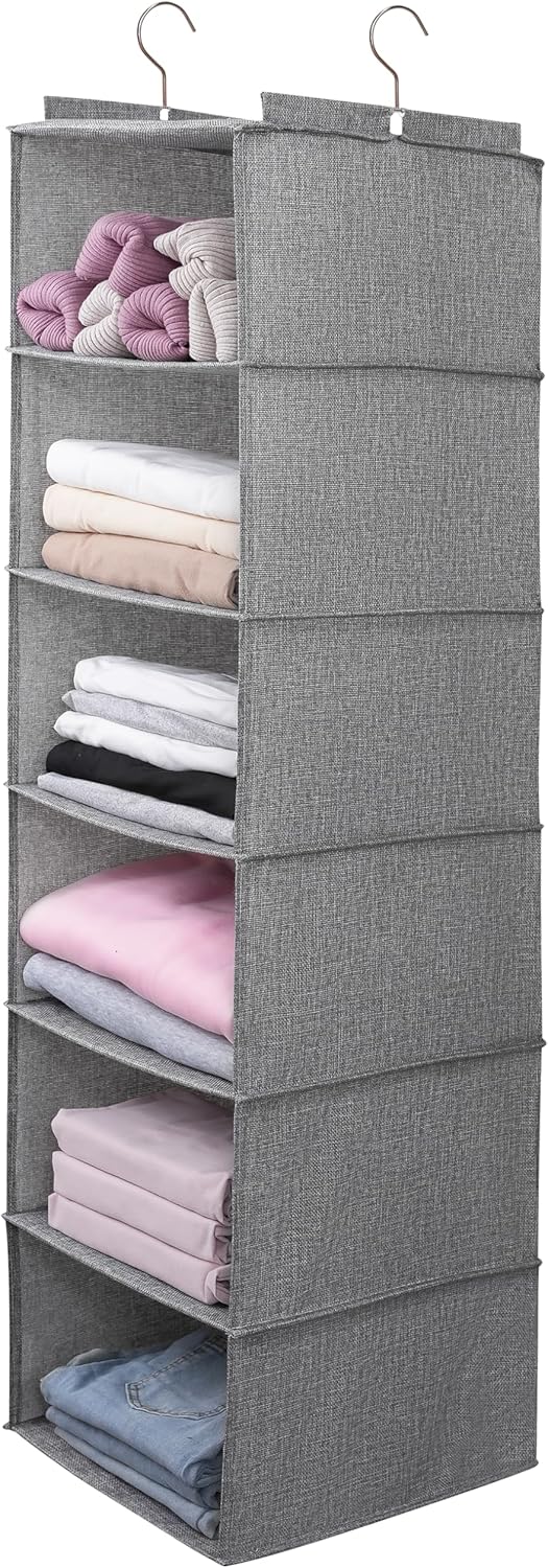 Large Hanging Sweater Organizer for Closet,Collapsible 6-Shelf Hanging Closet Shelves with Drawers, Washable (Grey-6 Shelf)