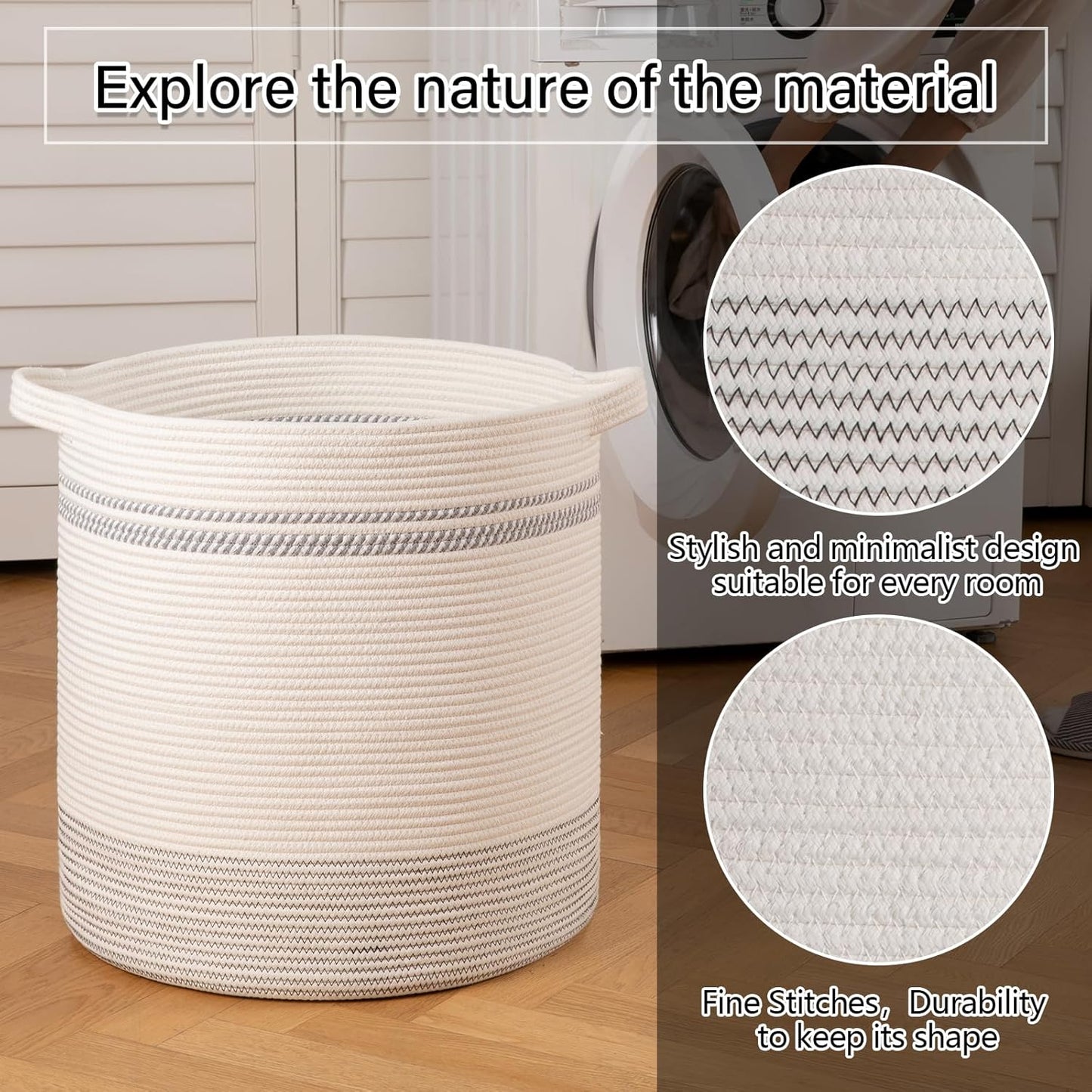 OIAHOMY 80L Laundry Basket, Laundry Hamper, Cotton Rope Storage Basket with Handles, Decorative Woven Basket for Living Room,Storage Baskets for Clothes, Blankets, and Toys -20''×18'', White&Gray