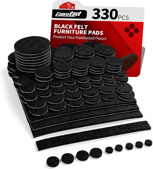 Ezprotekt 330 Pcs Felt Furniture Pads for Hardwoods Floors, Self Adhesive Cuttable Chair Felt Pads, Anti-Scratch Furniture Feet Floor Protectors Pads for Desk Sofa Bed Table Cabinet (Black)