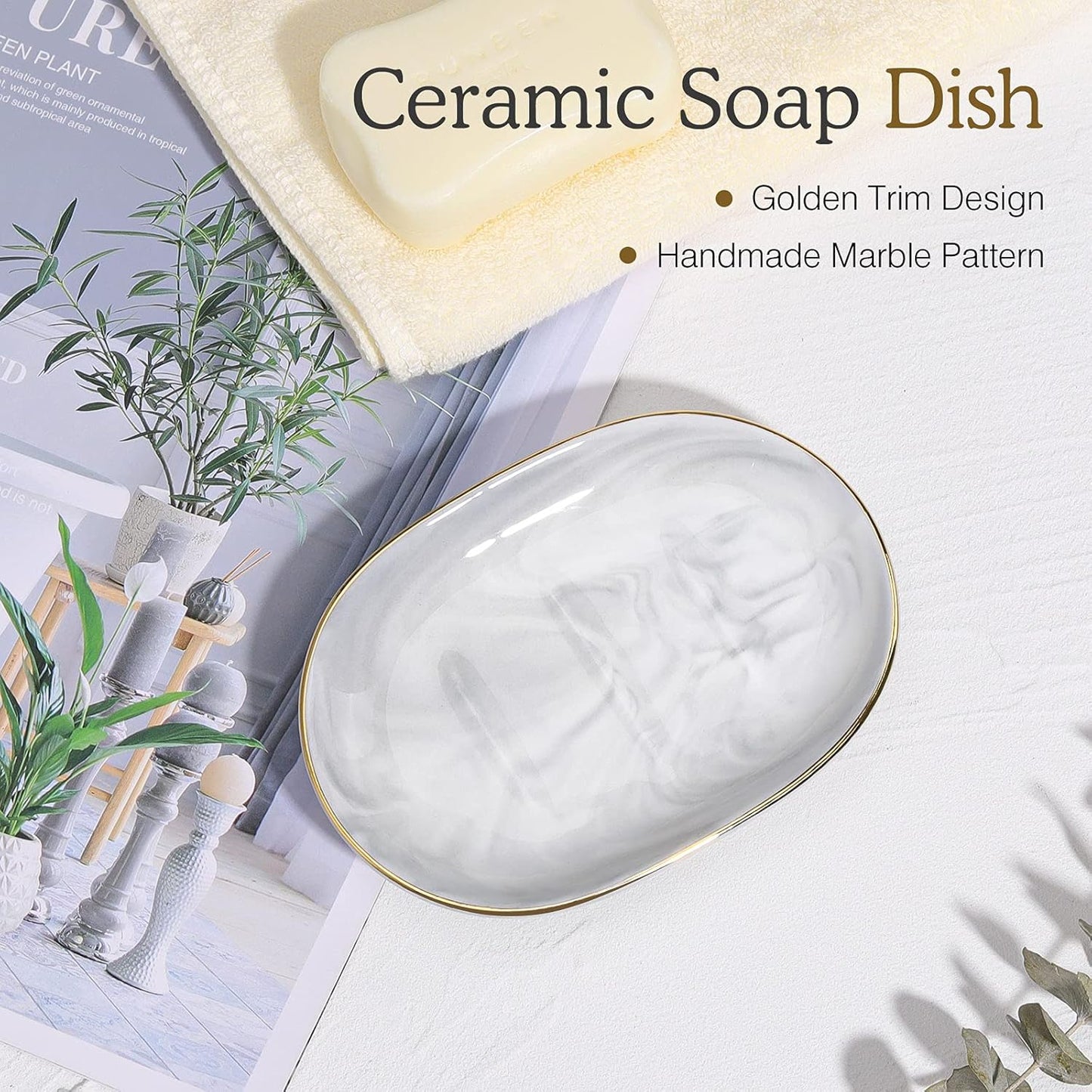 Luxspire Soap Dish Holder, Ceramic Marble Soap Tray Bar Soap Holder with Gold Trim, Oval Sponge Case Box Hand Soap Plate Container for Bathroom Vanity Shower Kitchen Sink Easy Cleaning, Marble White