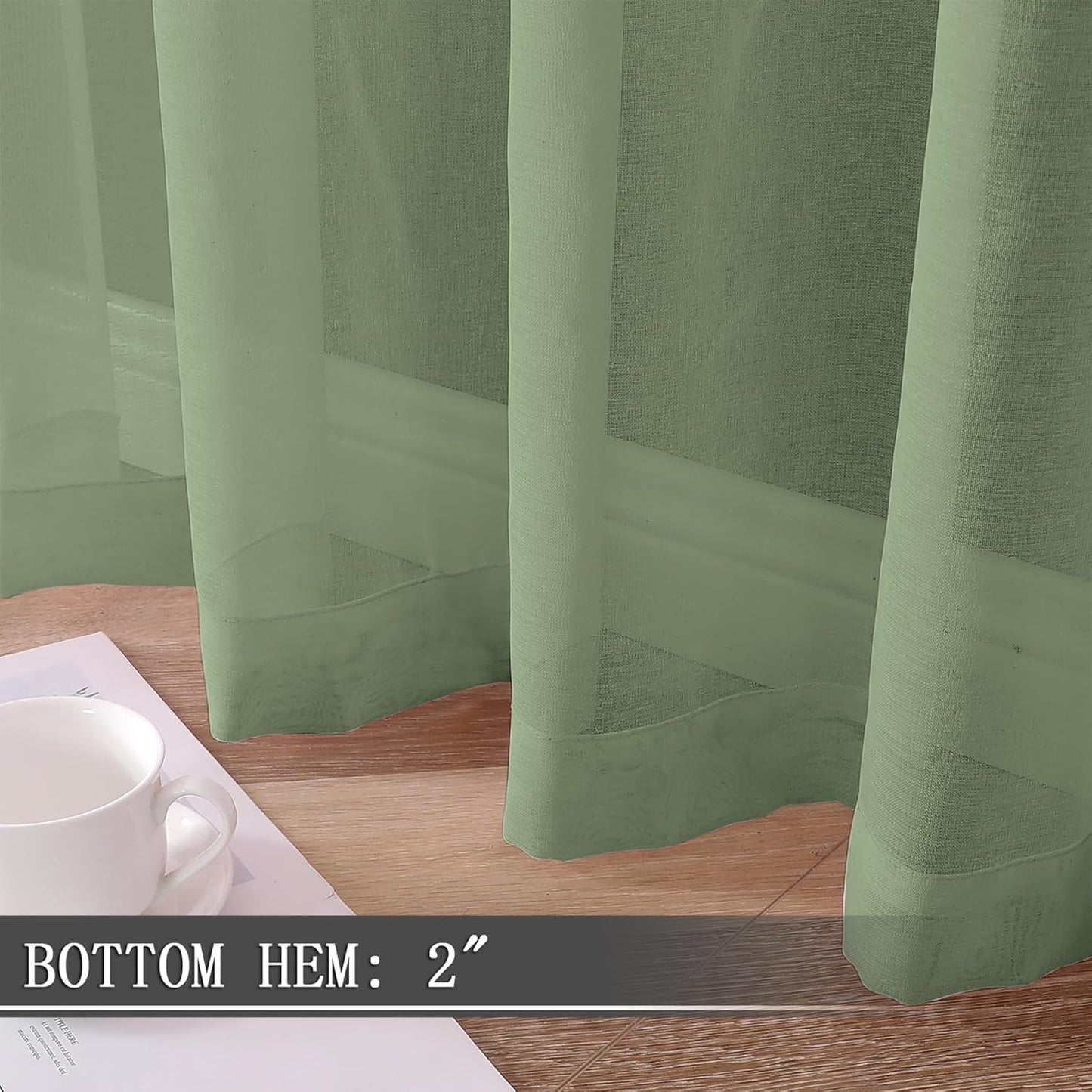 Tollpiz Short Sheer Curtains Linen Textured Living Room Curtain Sheers Light Filtering Rod Pocket Voile Curtains for Bedroom, 42 x 45 inches Long, Sage Green, Set of 2 Panels