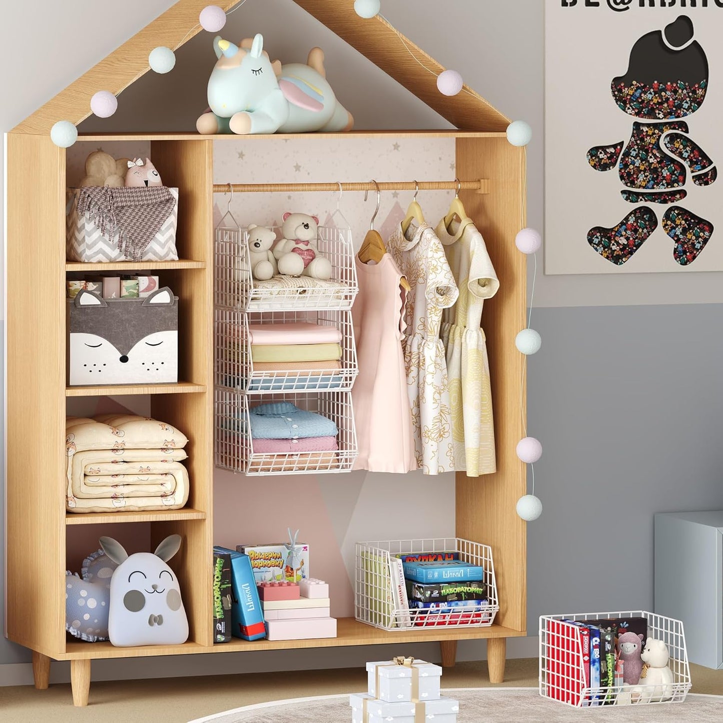 X-cosrack 4 Tier Closet Hanging Organizer, Foldable Closet Shelving with 2 Hanging Hooks 5 S Hooks, Wire Storage Basket for Wardrobe Laundry Room, for Clothing Sweaters Shoes Handbags Patent-White