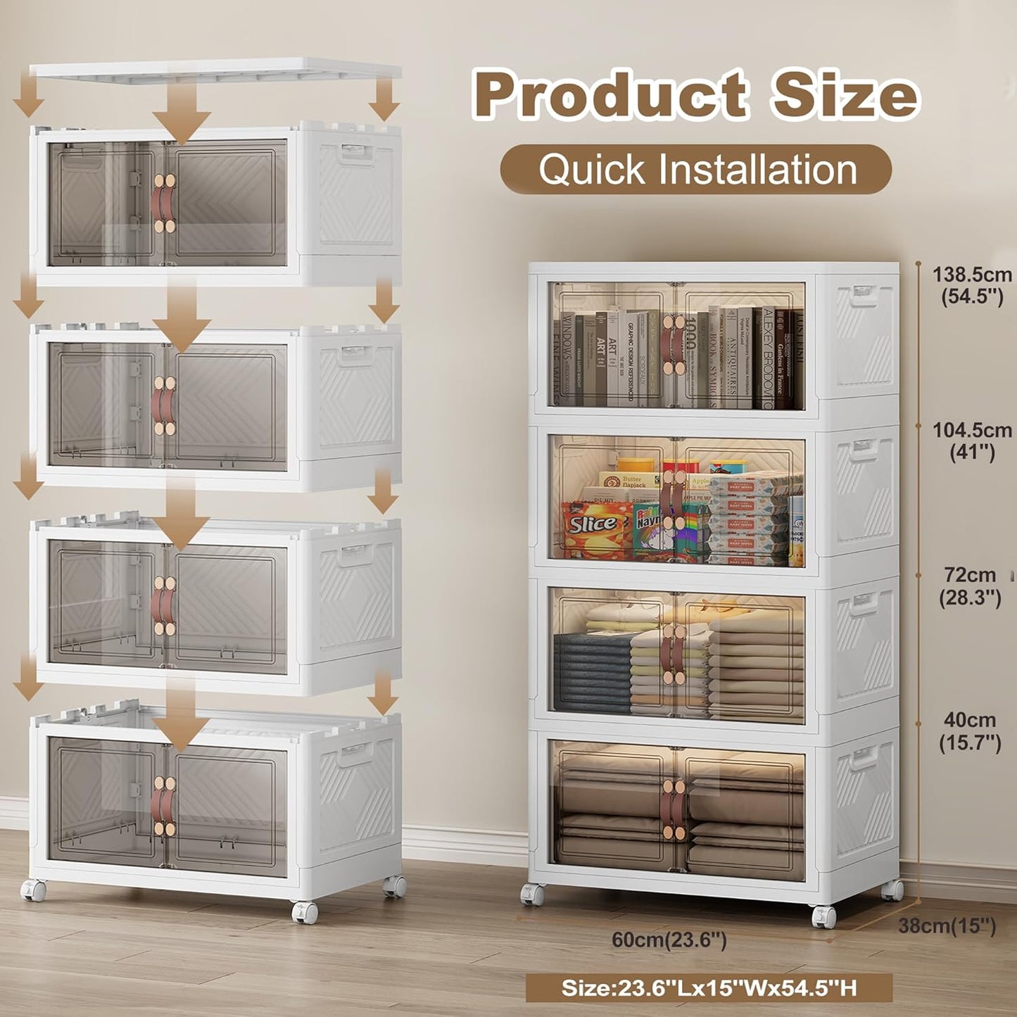 SAILUN 308QT Extra Large Collapsible Storage Bins with Wheels and Lid, Stackable Storage Bins Open Closet Organizers and Storage Storage Containers Drawers,23.6" L × 15" W × 54.5" H（4 Pack）