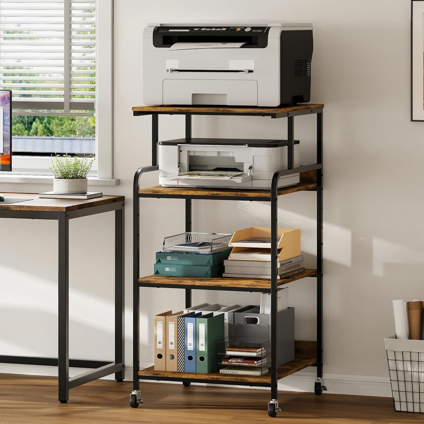Warmiehomy 4 Tier 24" x 24" Printer Stand with Adjustable Storage Shelf - Large Tall Printer Table with Wheels - Rolling Cart for 3D Laser Printer - Home Office Small Spaces Organization (Brown)