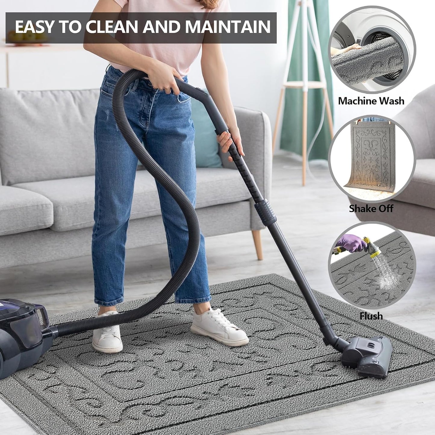 FONEYI Indoor Door Mat 32" x 40", Dirt Trapper Door Mats Non-Slip Entryway Rugs Washable, Absorbent Resist Dirt Welcome Mat, Low Profile Inside Floor Mats for Front Back Door and Entryway, Light Grey