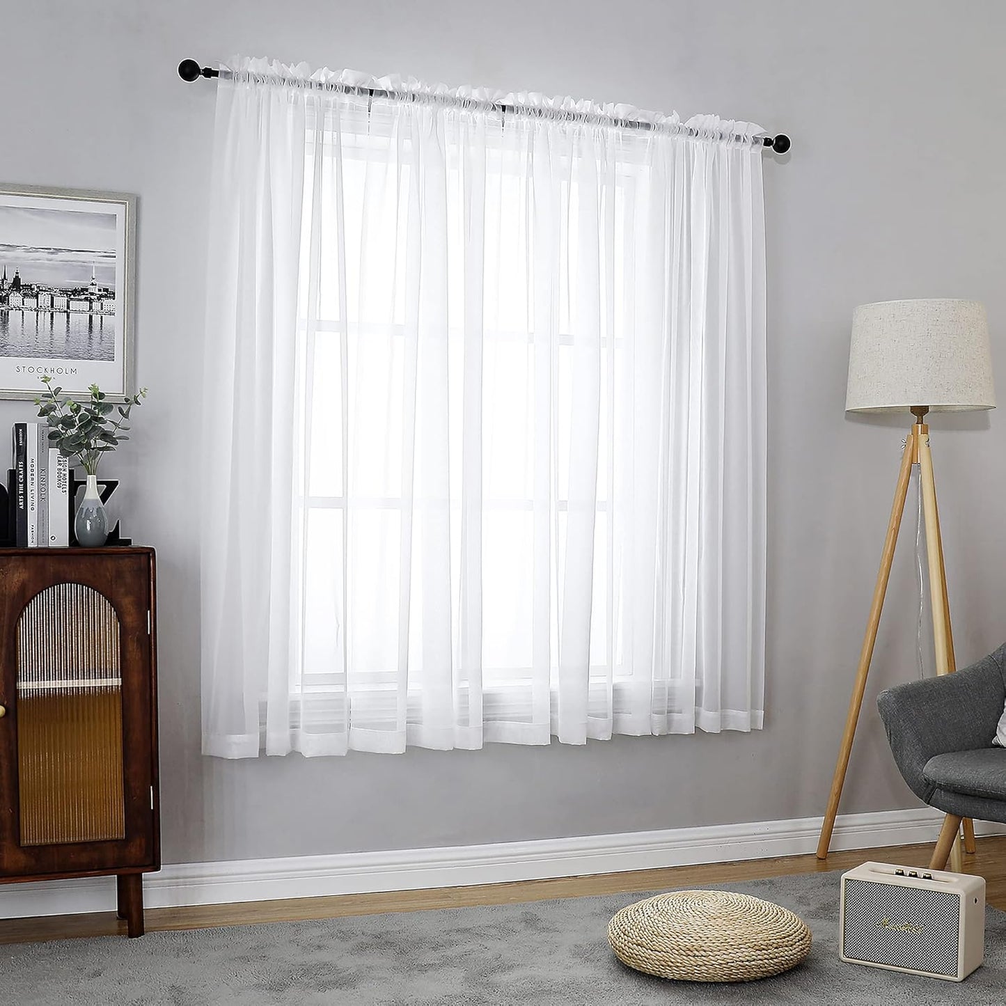 Chyhomenyc White Sheer Curtains 54 Inch Long 2 Panels Set, Short Voile Rod Pocket Drapes for Dinning Small Windows Bathroom Living Room Bedroom, Each 42Wx54L in, 2PCS, White
