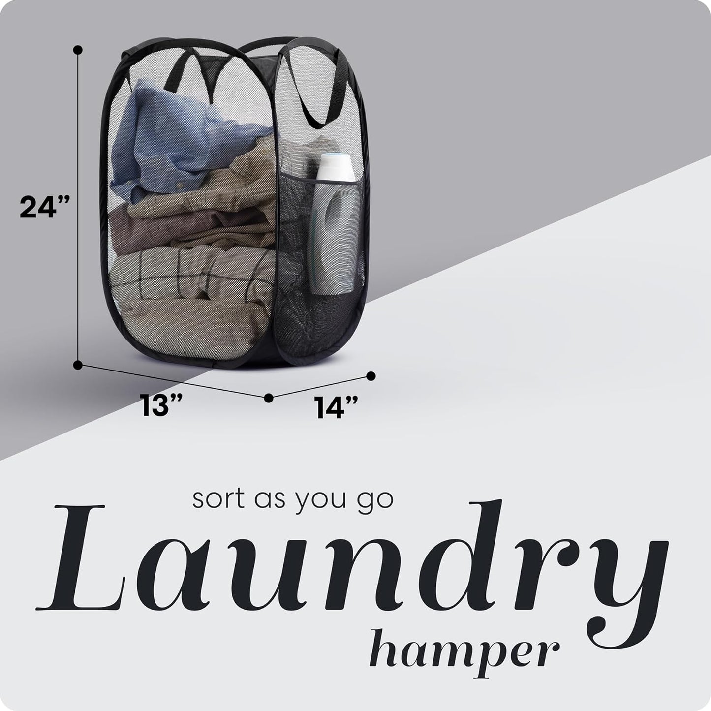 Handy Laundry Collapsible Mesh Pop Up Hamper with Wide Opening and Side Pocket - Breathable, Sturdy, Foldable, and Space-Saving Design for Clothes and Storage (Black | 2-Pack)