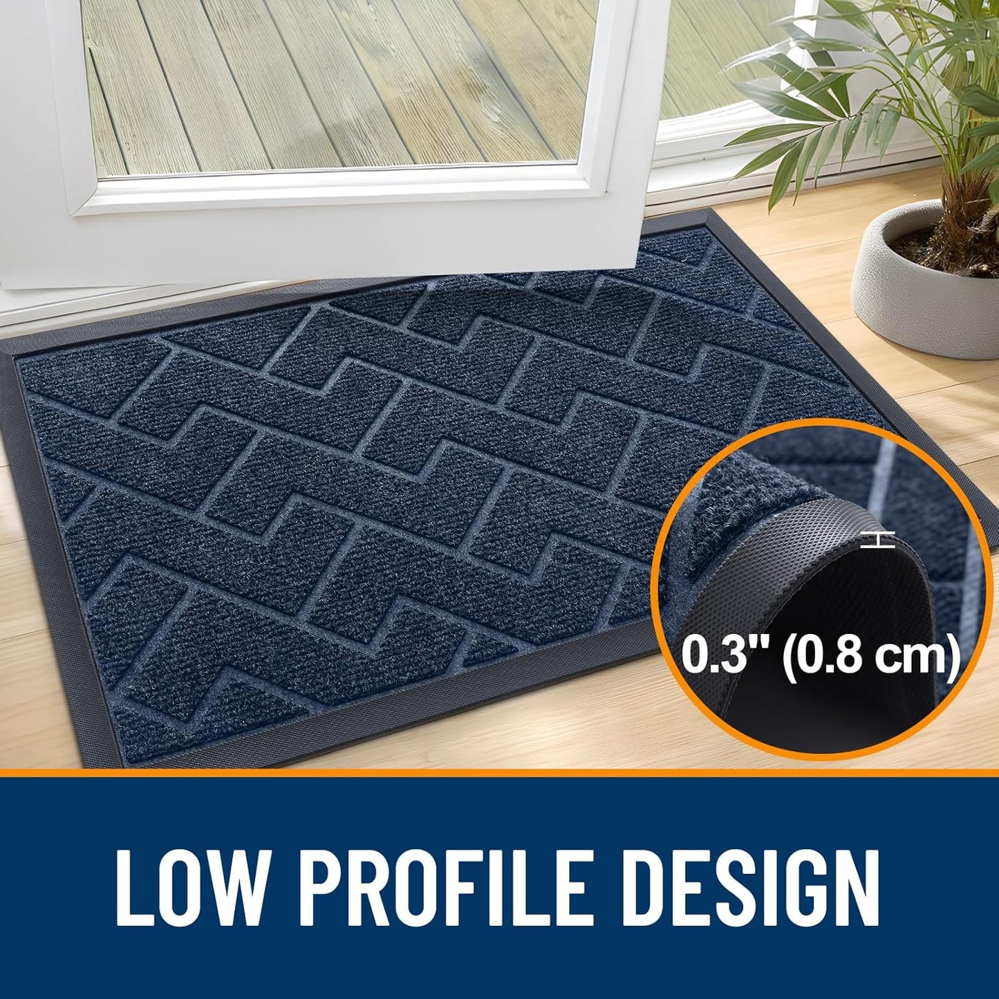 OLANLY Front Door Mat Indoor Outdoor Entrance, Waterproof All-Season, All-Weather Doormat, Sturdy Natural Rubber, Low Profile, Easy Clean Patio Porch Entryway Mat, Herringbone Brick (Blue, 71x47)