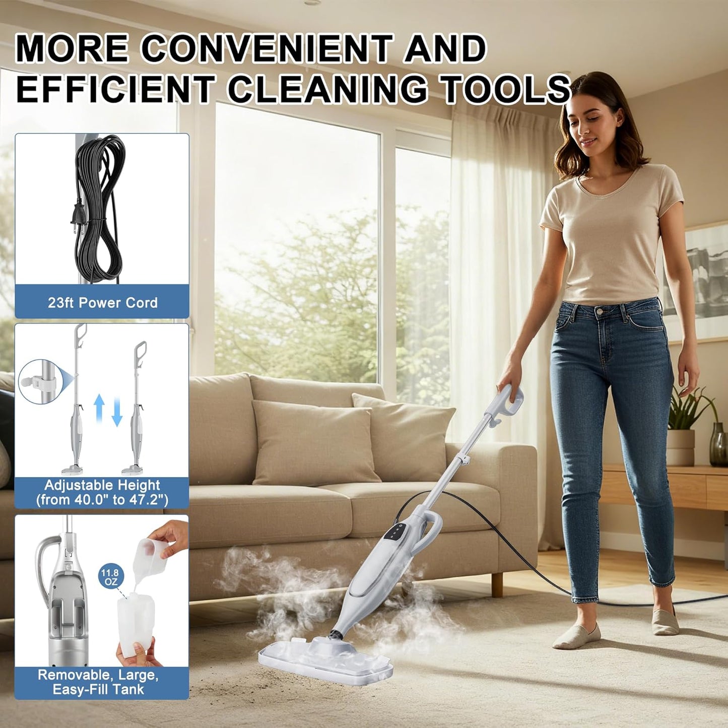 Steam Mop, 11-in-1 Powerful Steam Cleaner for Home with 11.8 OZ Water Tank & 23FT Power Cord, Handheld Detachable Steam Mops for Floor Cleaning MultiPurpose Steamer for Hardwood, Tile, Furniture