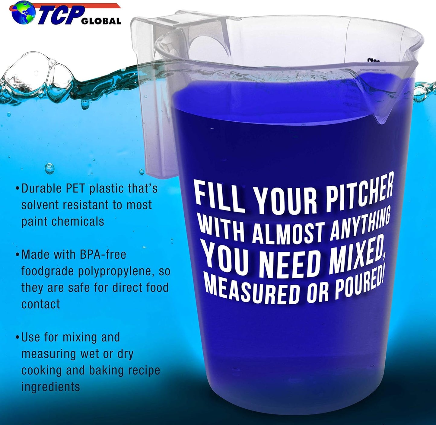 TCP Global 1 Liter (1000ml) Plastic Graduated Measuring and Mixing Pitcher (Pack of 6) - Holds Over 1 Quart (32oz) - Pouring Cups, Measure & Mix Paint, Resin, Epoxy, Kitchen Cooking Baking Ingredients
